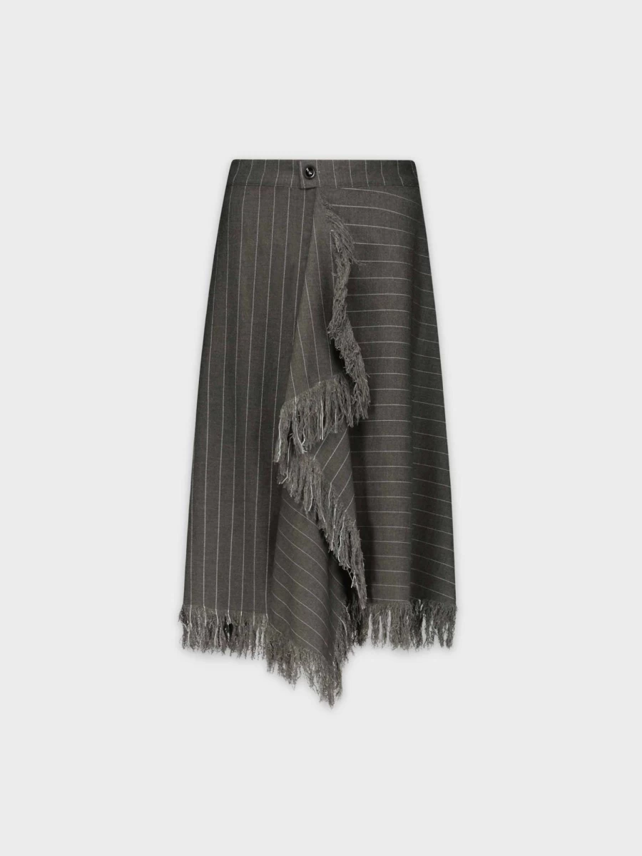 SOLEI Women's Grey Pinstripe Fringe Skirt - Stylish High Waist Flared Mini Skirt for Women