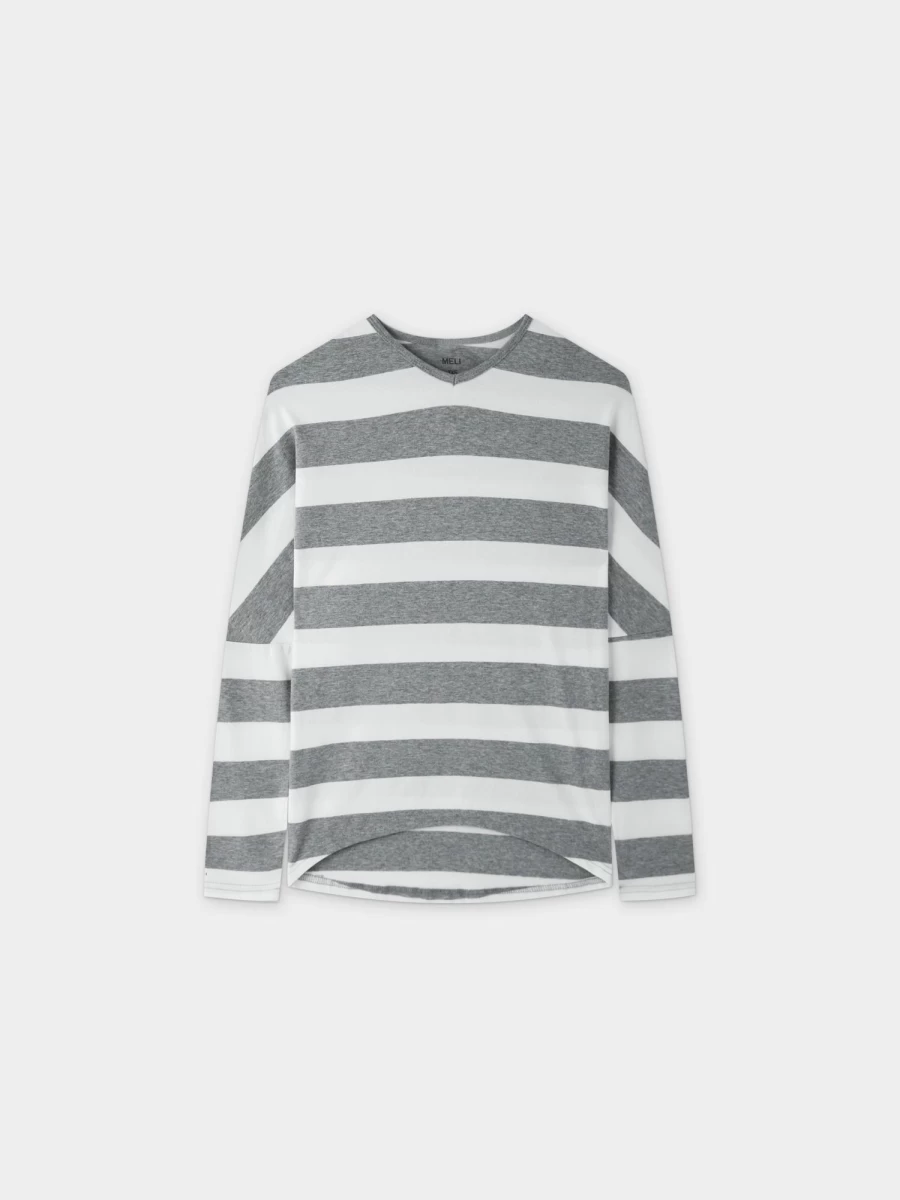 MELI Women's Striped Dolman V-Neck T-Shirt - Grey & White Casual Comfort Fit Top