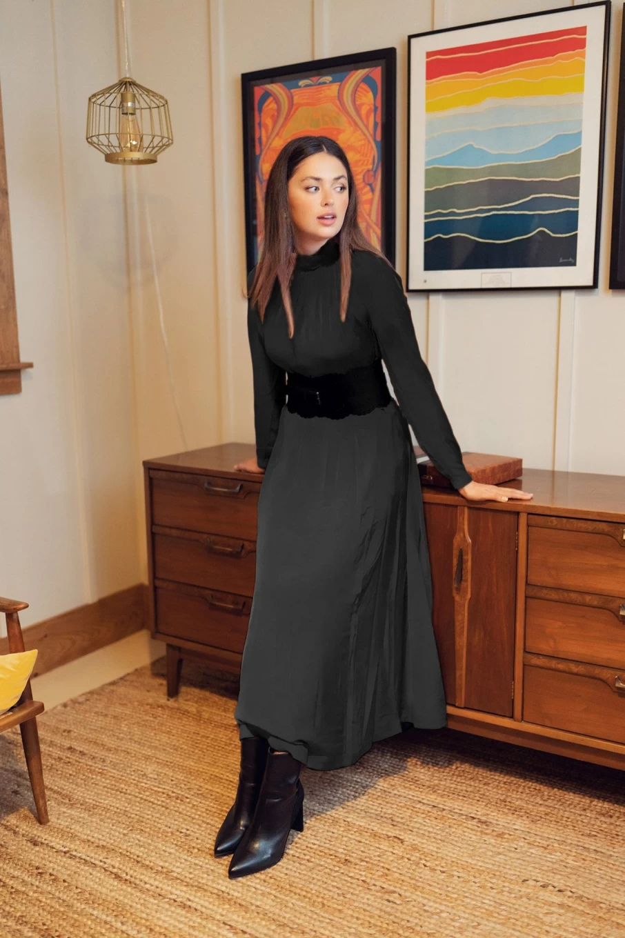 STELLA & ROSE Women's Black Ruched Collar Dress - Elegant Stretch Fit Party Wear