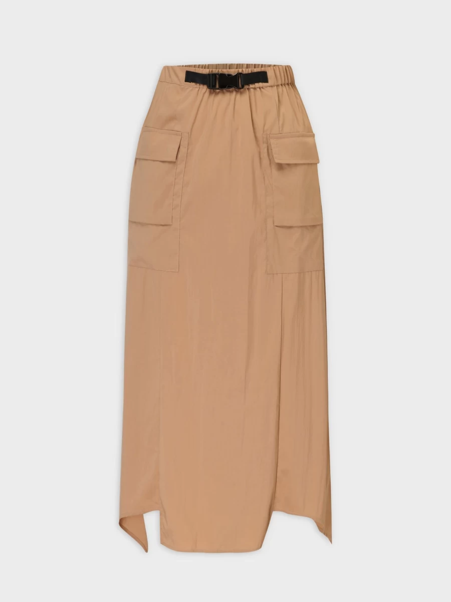 Hailey Women's Tan Buckle Detail Cargo Skirt - High Waist A-Line Outdoor Utility Skirt