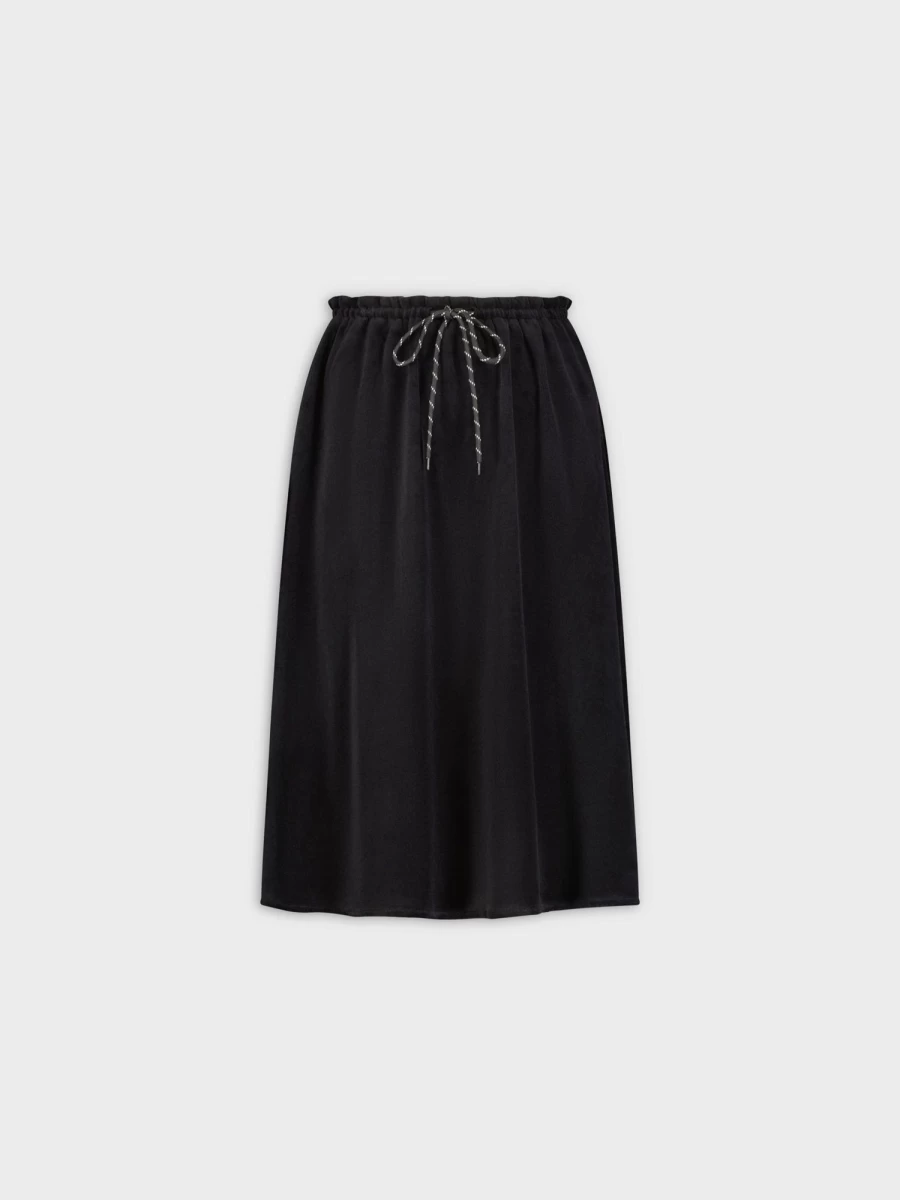 TTS Women's Black Velour Drawstring Waist Midi Skirt - 25" Length
