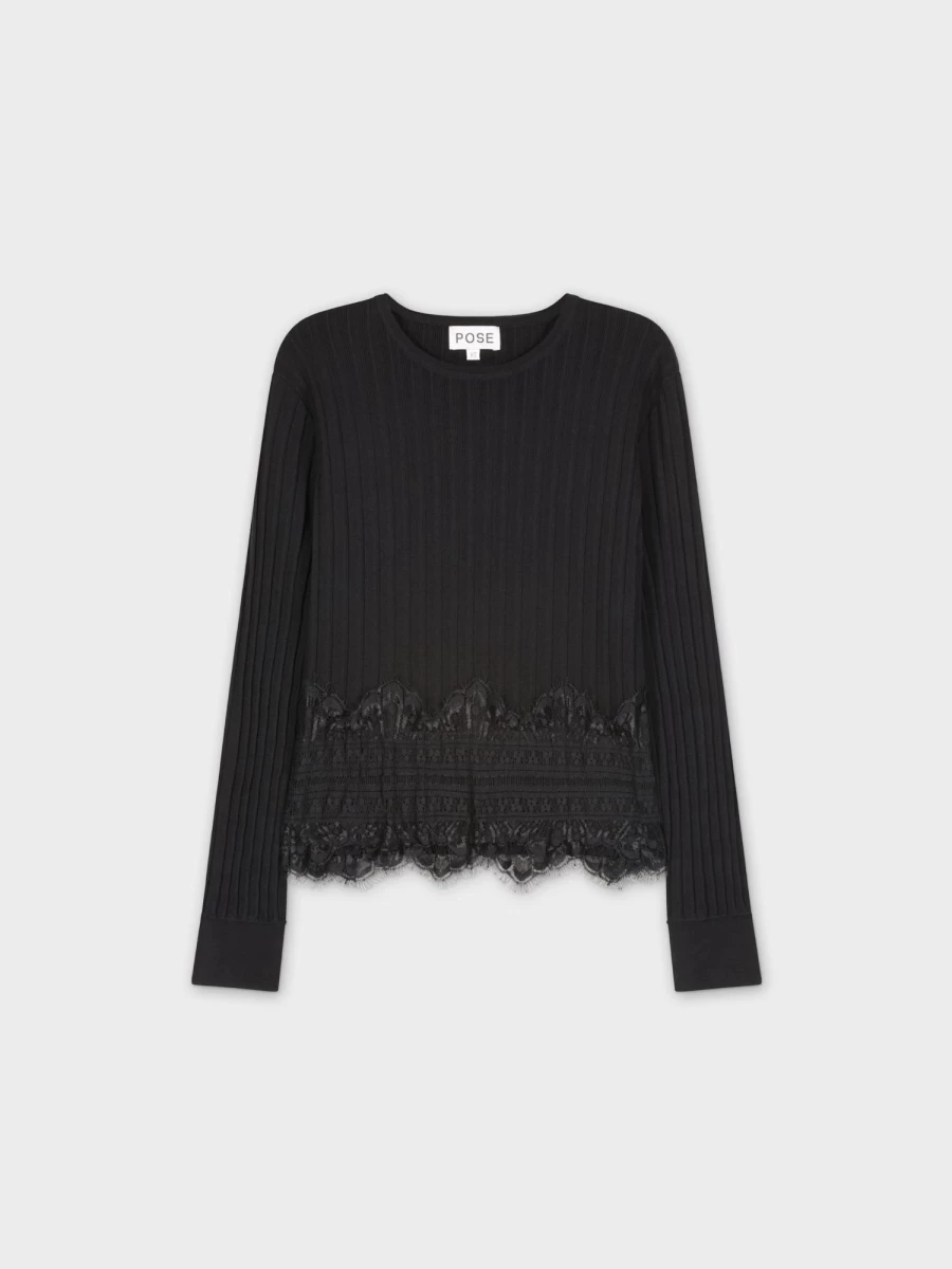 POSE Women's Black Lace Trim Sweater - Elegant Knit Top for Stylish Outfits