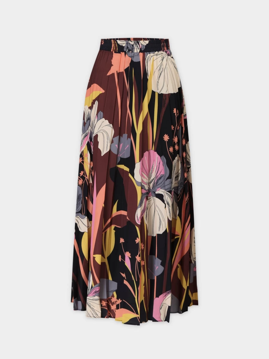 POSE Women's Tropical Floral Print Pleated Midi Skirt with Elastic Waistband - 35" Length
