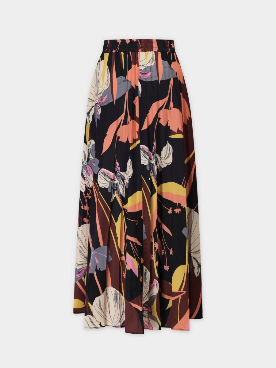 POSE Women's Tropical Floral Print Pleated Midi Skirt with Elastic Waistband - 35" Length