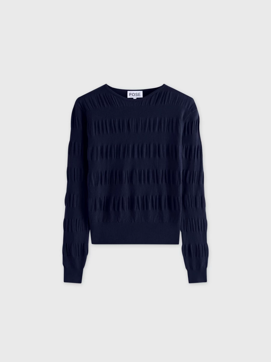Pose Women's Navy Ruched Sweater - Elegant Knit Top for Casual Wear