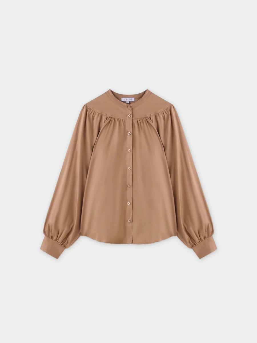 VAARA Women's Tan Gathered Top Blouse - Elegant Feminine Style
