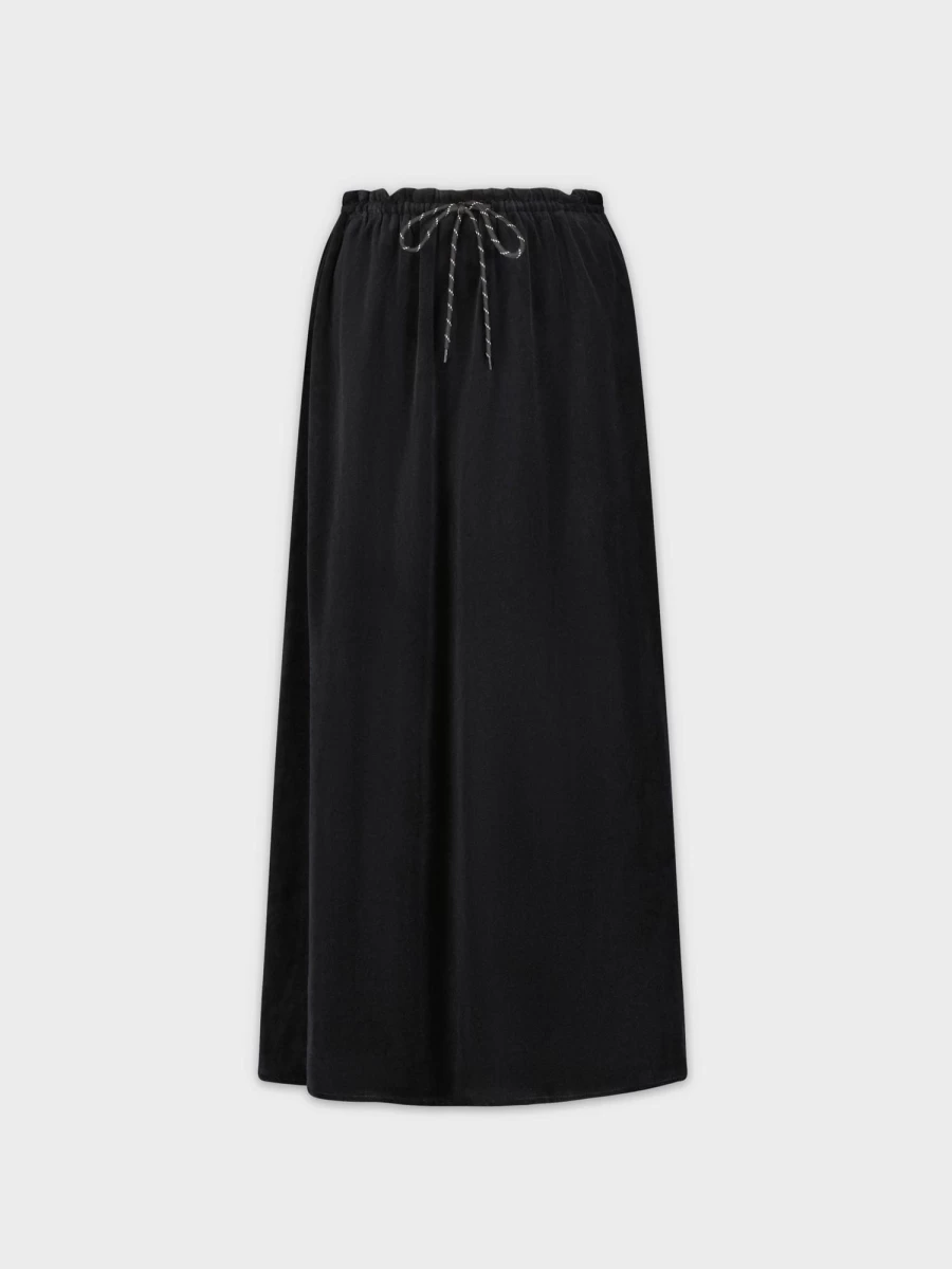 TTS Women's Black Velour Drawstring Waist Long Skirt 35" Casual Comfortable
