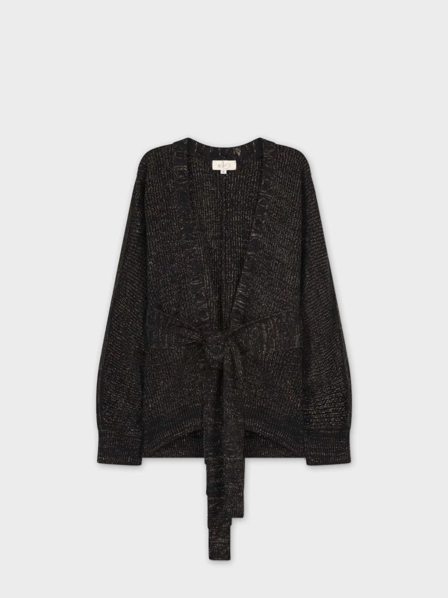 SOLEI Women's Lurex Tie Front Cardigan - Black & Gold Metallic Yarn Knit Sweater