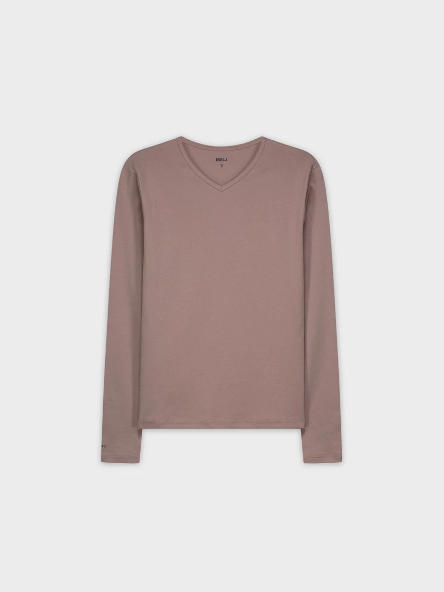 MELI Women's Basic High V-Neck Long Sleeve T-Shirt in Dusty Mauve