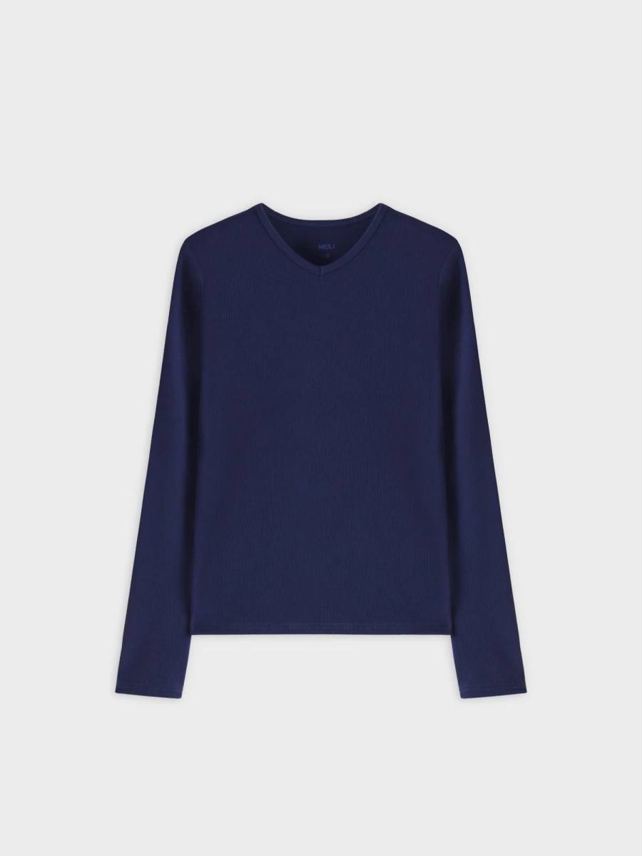 MELI Women's High V Neck Ribbed Long Sleeve Tee in Dark Navy