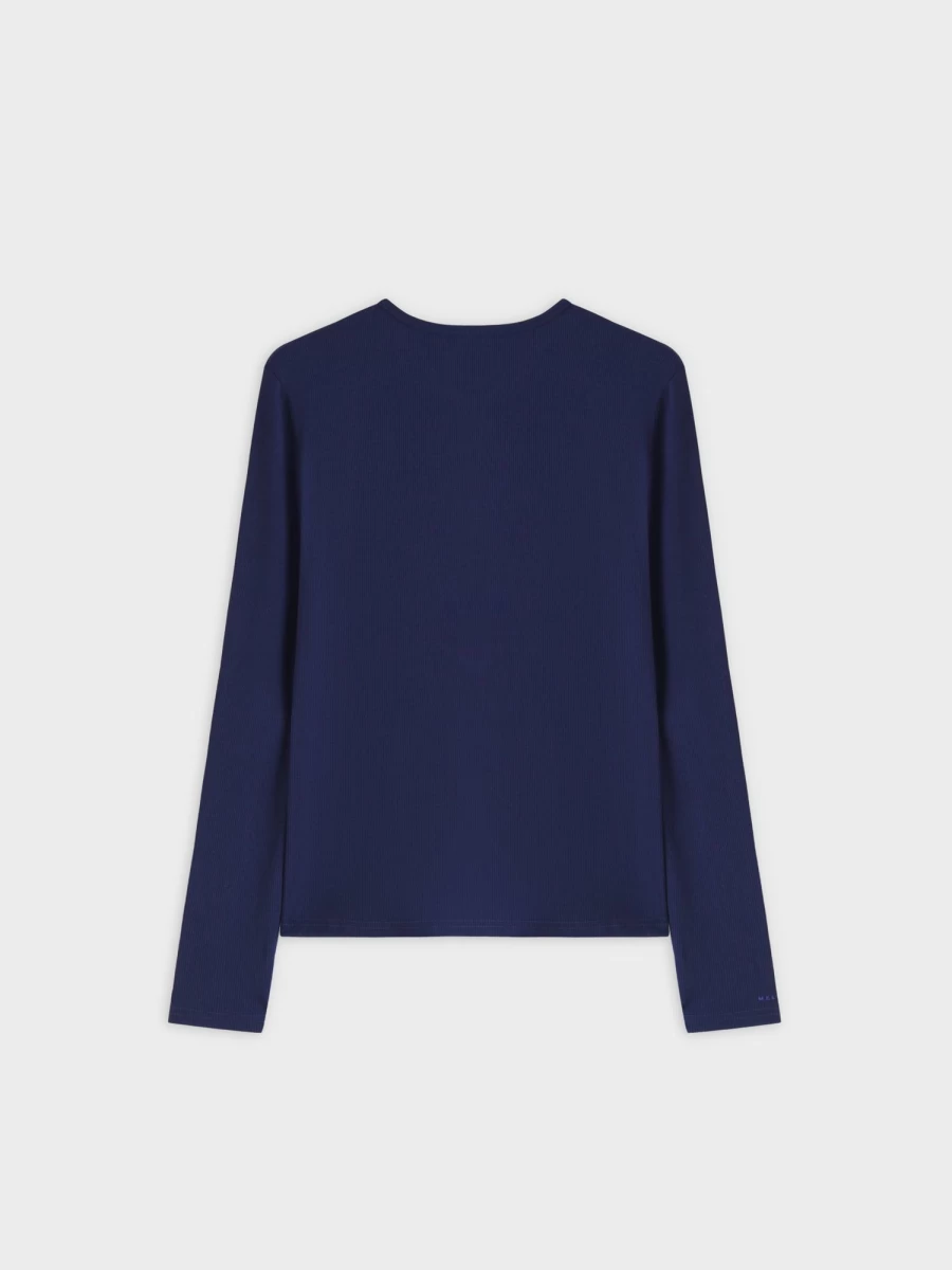 MELI Women's High V Neck Ribbed Long Sleeve Tee in Dark Navy