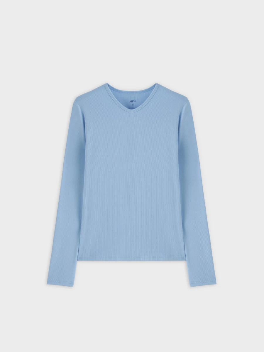 MELI Women's Soft Blue High V-Neck Ribbed Long Sleeve Tee