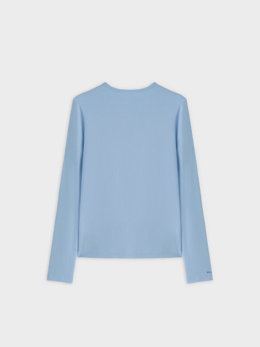 MELI Women's Soft Blue High V-Neck Ribbed Long Sleeve Tee