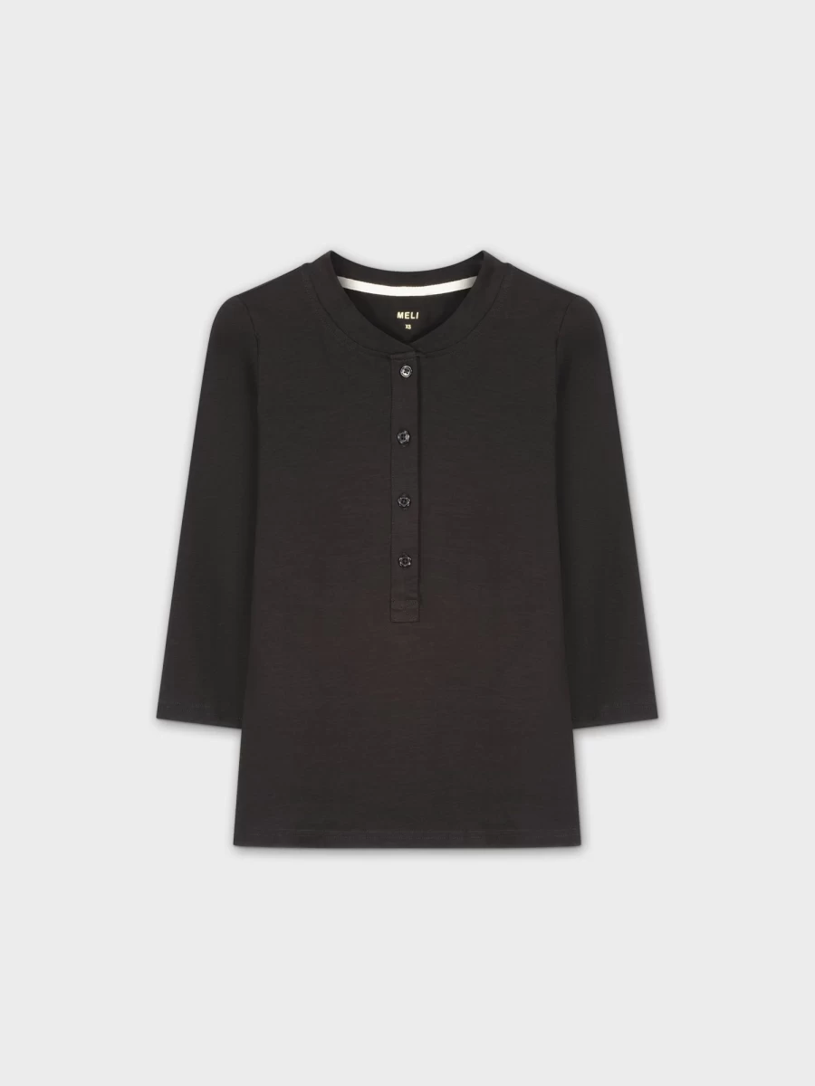 MELI Women's 4 Button Henley T-Shirt - Black Casual Short Sleeve Top