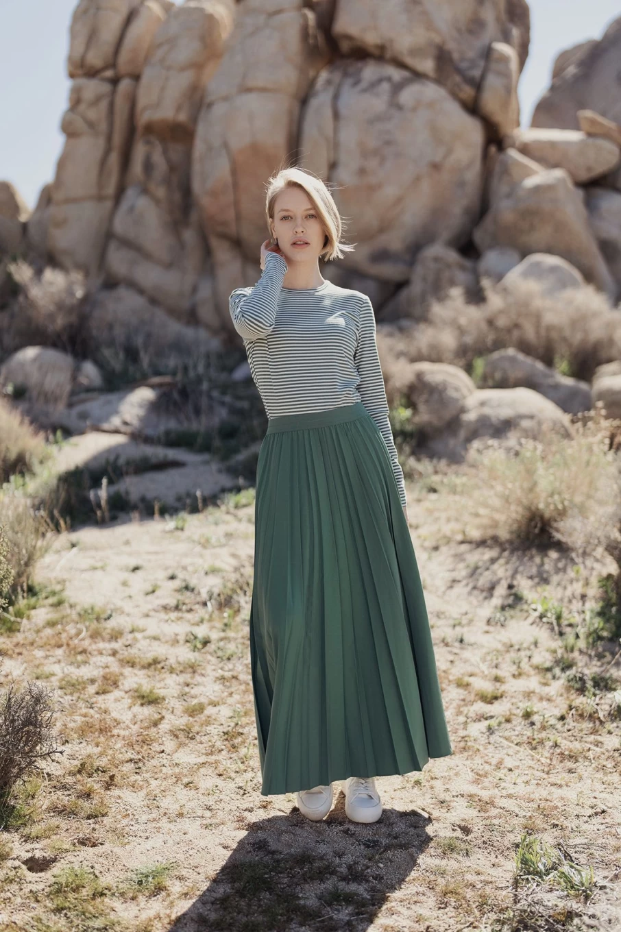 MELI Women's Green Pleated Skirt 37" - Stylish & Elegant Midi Length