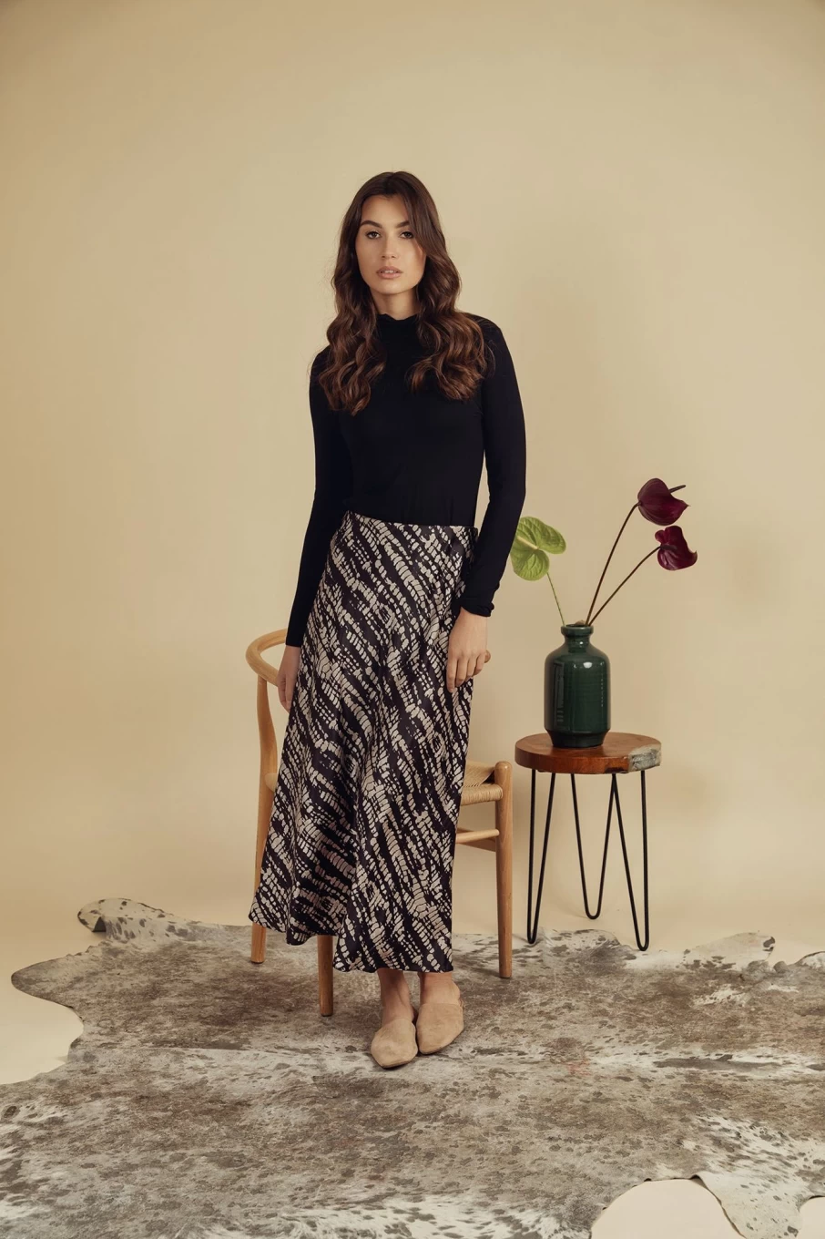 HAILEY Women's Satin Slip Skirt with Snake Print - Elegant High-Waisted Lounge Skirt