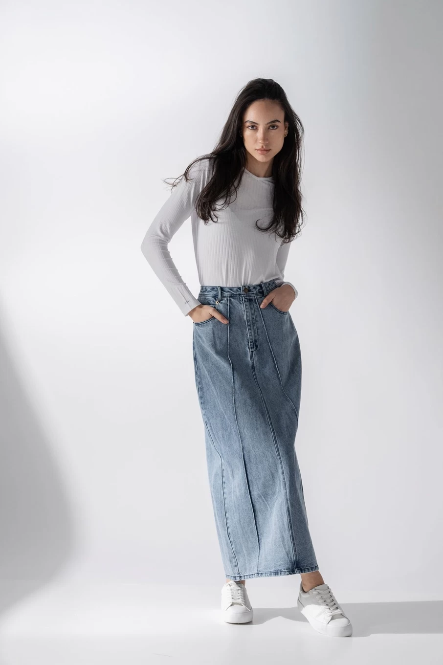 Blue Meli Women's Denim Seamed Skirt - Classic Blue Midi Length Casual Jean Skirt