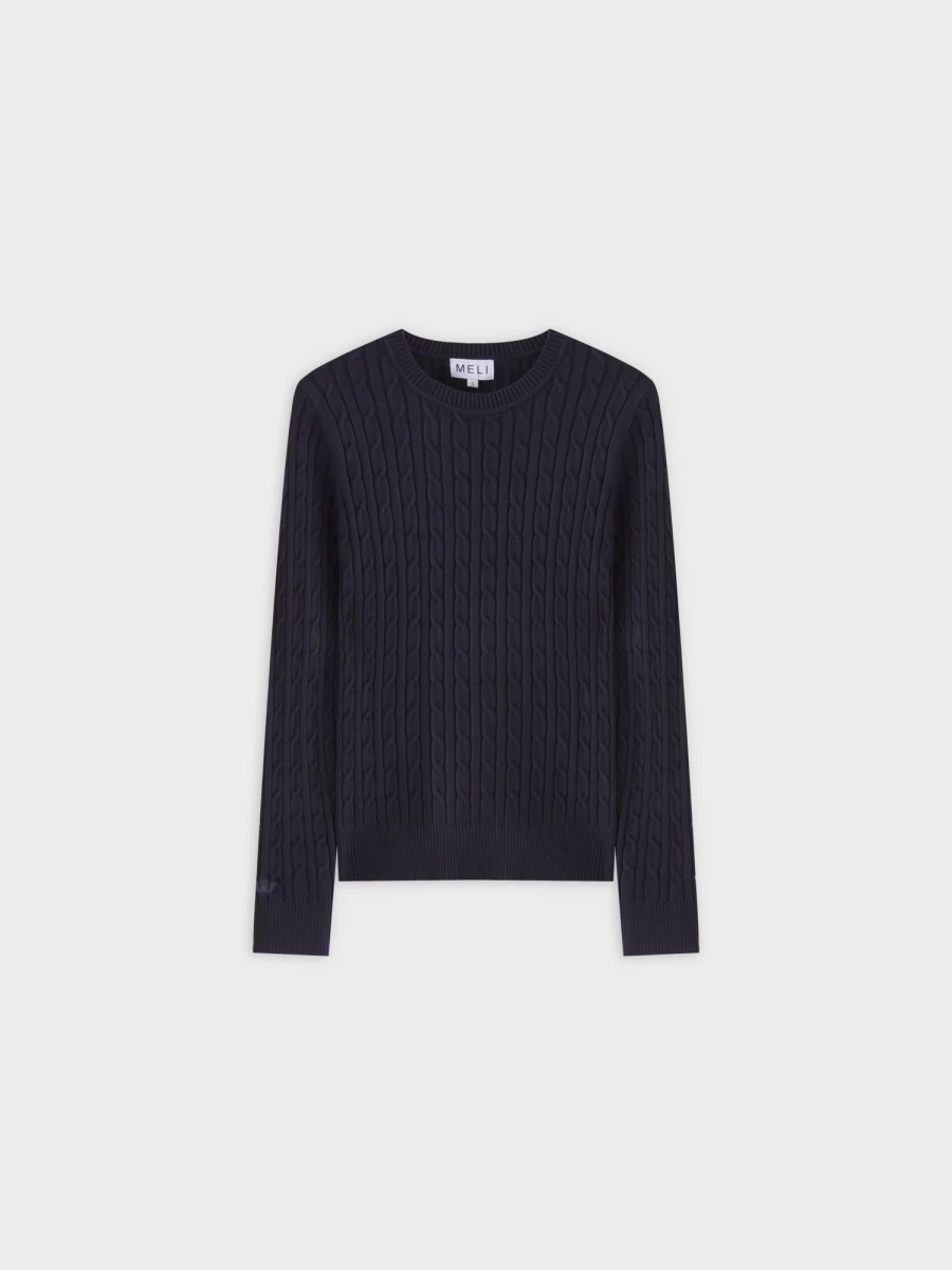 MELI Women's Navy Knit Cable Sweater - Cozy Chunky Cable Knit Pullover