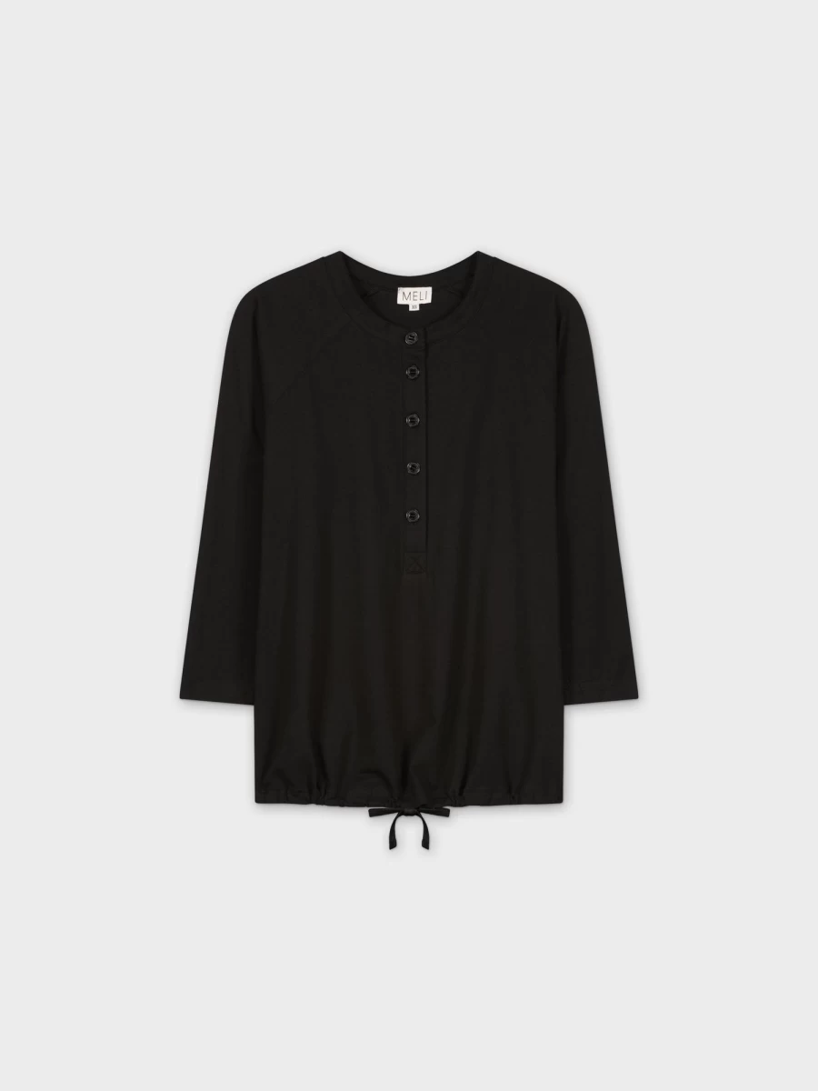 MELI Women's Henley Neck Drawstring T-Shirt - Black Casual Short Sleeve Top