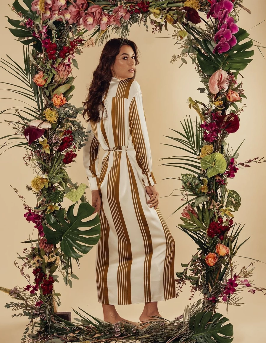 SOLEI Women's Bronze Stripe Satin Wrap Dress - Elegant Midi Length for Casual & Evening Wear