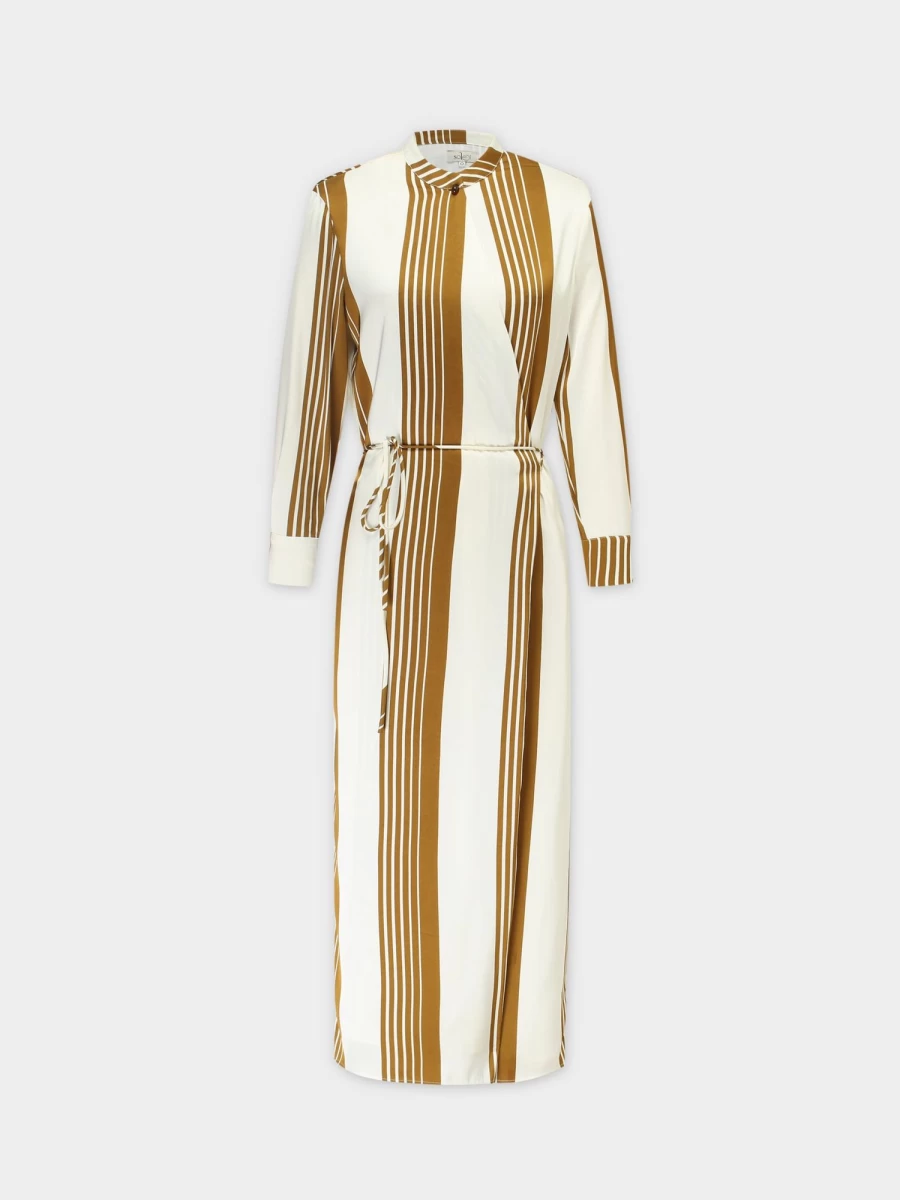 SOLEI Women's Bronze Stripe Satin Wrap Dress - Elegant Midi Length for Casual & Evening Wear