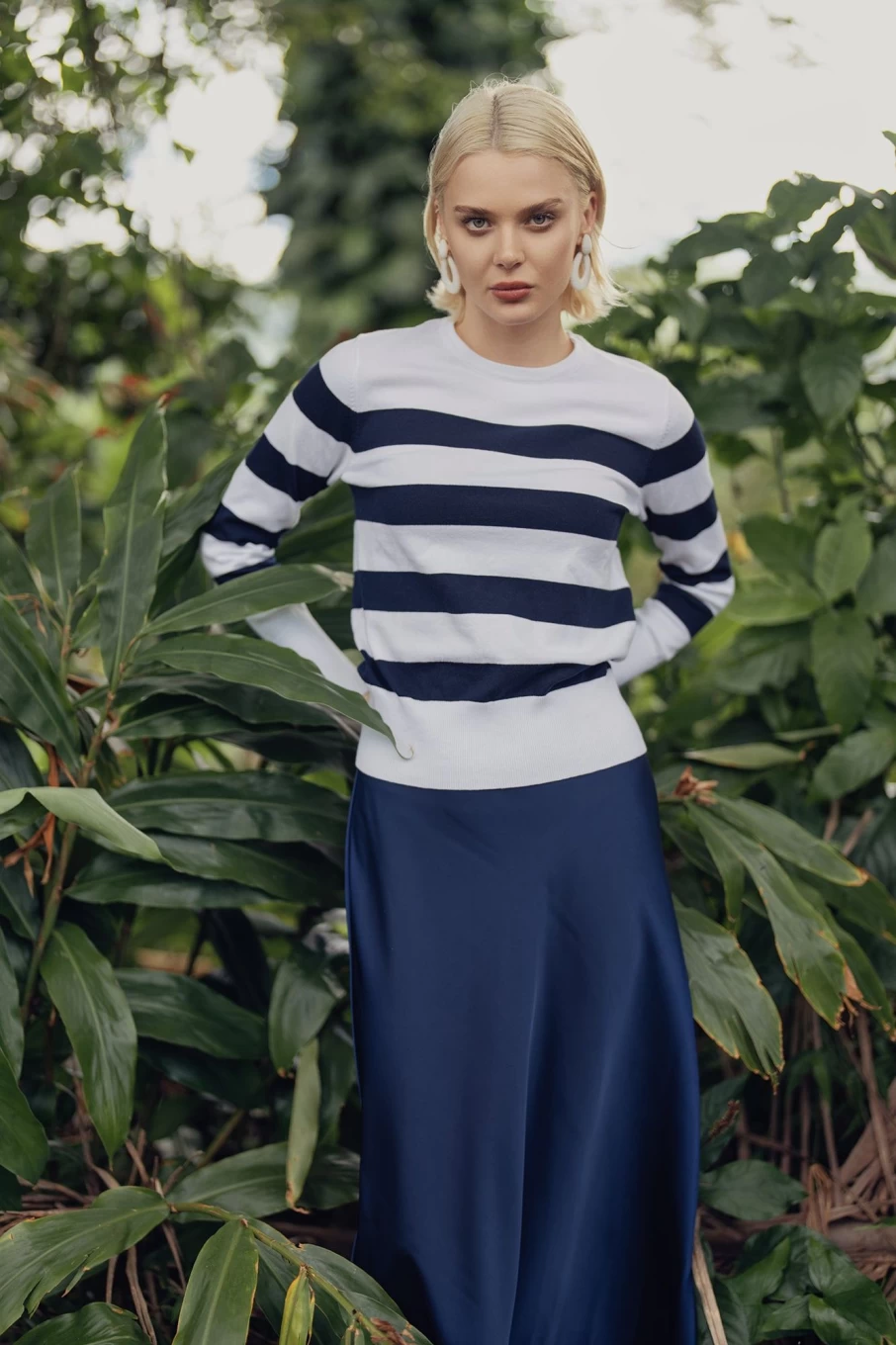 VAARA Women's Navy Striped Cotton Sweater - Soft Crewneck Knit Top