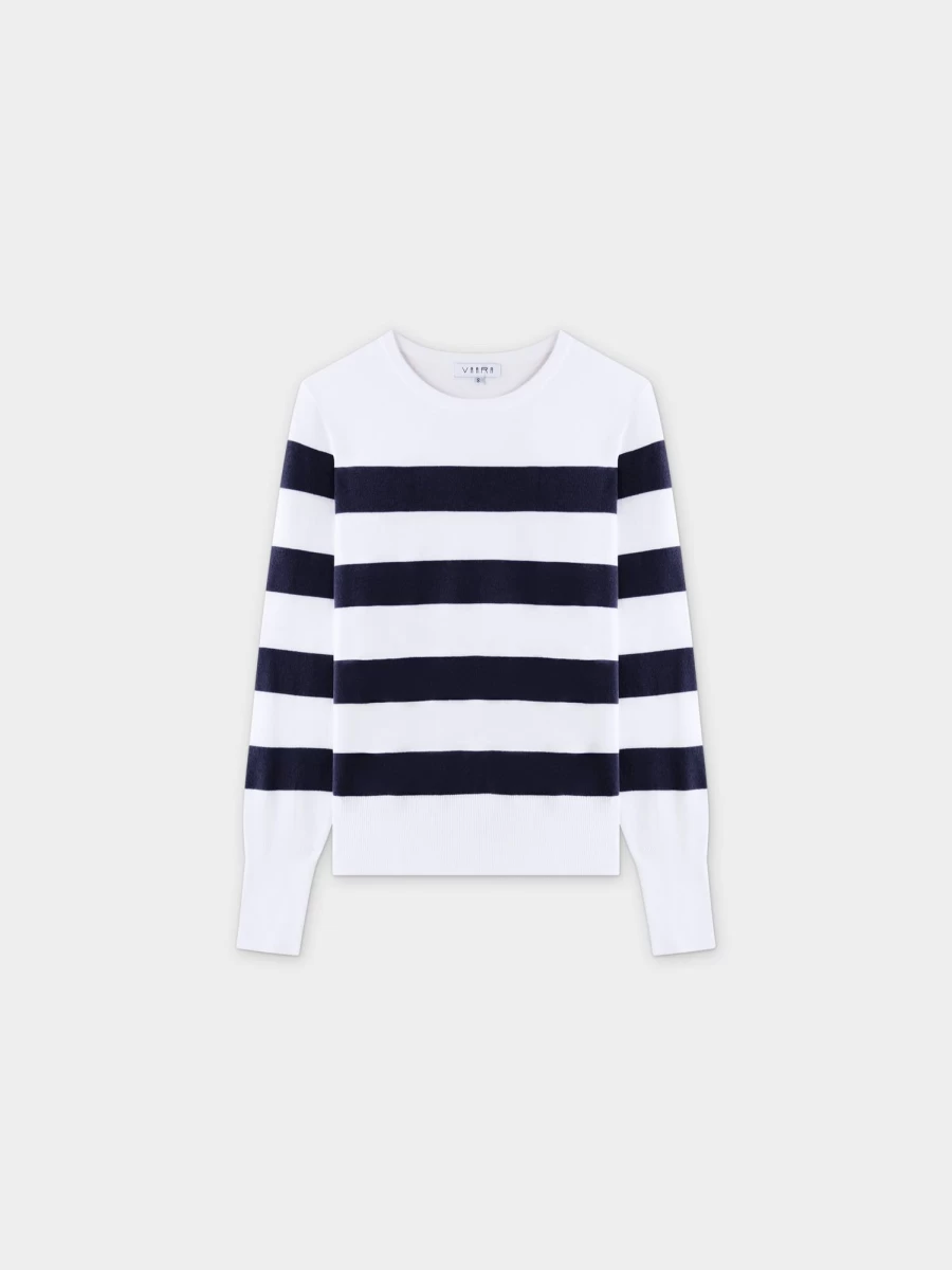 VAARA Women's Navy Striped Cotton Sweater - Soft Crewneck Knit Top