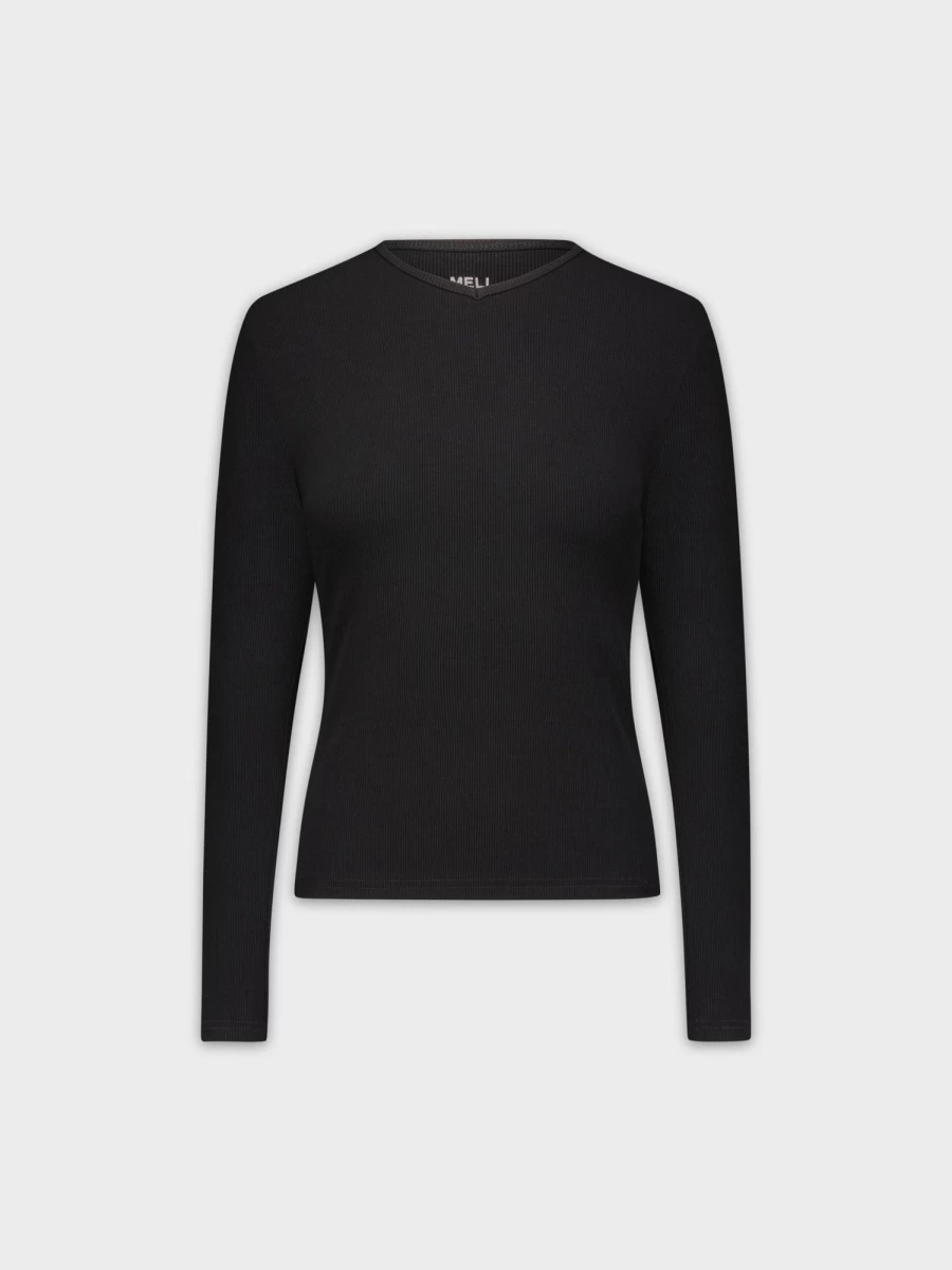 MELI Women's Ribbed High V-Neck Long Sleeve Black Top