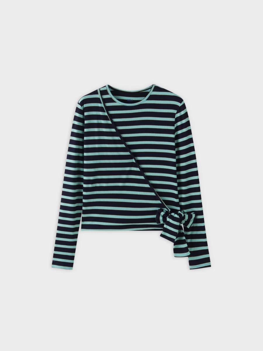MELI Women's Navy & Aqua Striped Wrap T-Shirt - Casual Short Sleeve Top