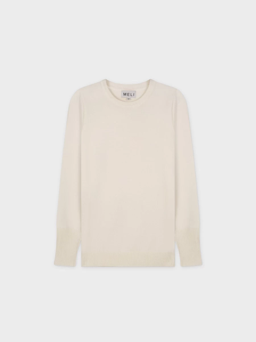 MELI Women's Cream Basic Long Sleeve Crewneck Sweater - Soft Casual Knit Top