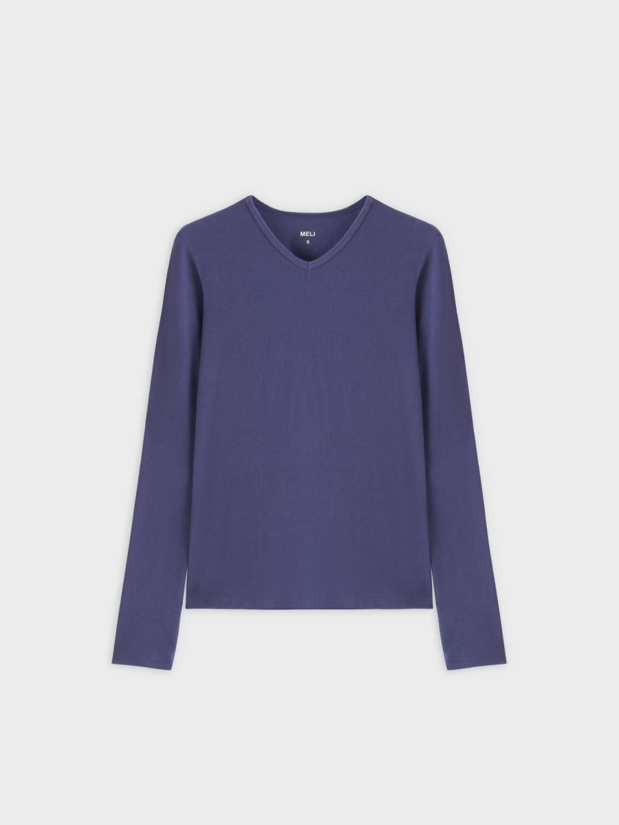 MELI Women's High V-Neck Ribbed Long Sleeve Tee in Indigo Blue