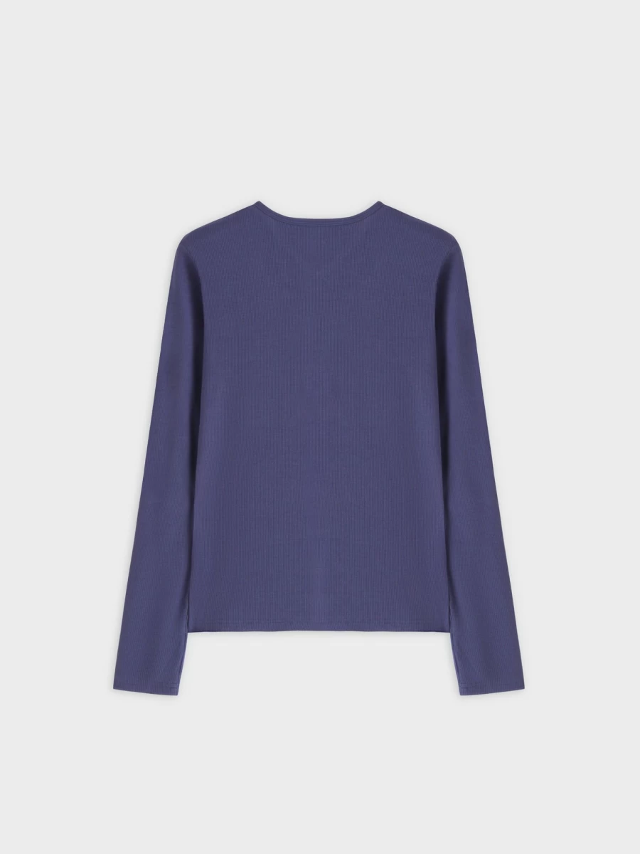 MELI Women's High V-Neck Ribbed Long Sleeve Tee in Indigo Blue