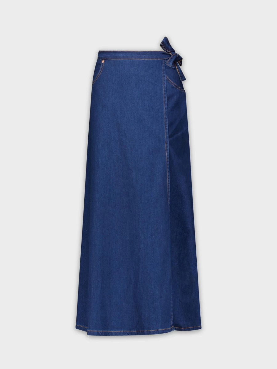 MELI Women's Dark Blue Stretch Denim Wrap Skirt - Comfortable & Stylish Mid-Length Skirt