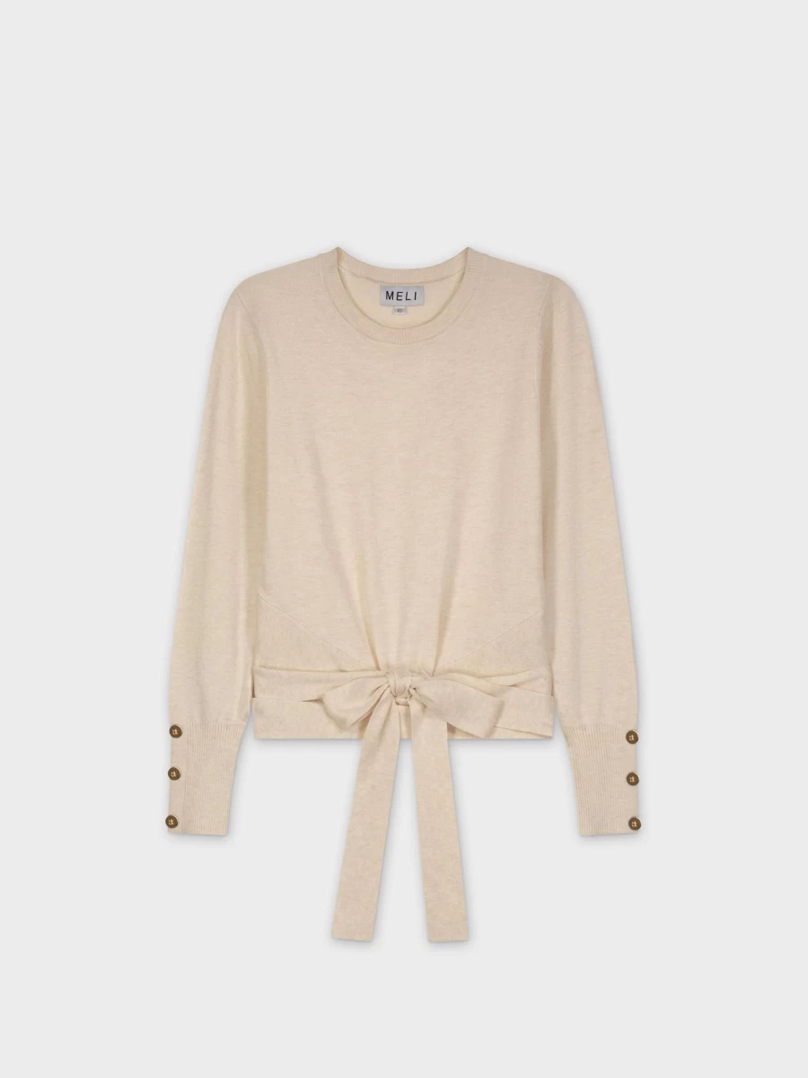 MELI Women's Cream Wrap Tie Front Knit Sweater - Soft Casual Long Sleeve Pullover