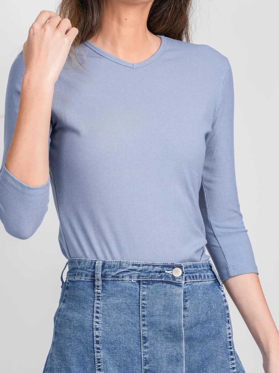 MELI Women's Light Blue High V Ribbed Tee - 3Q Sleeve Casual Stretch Top