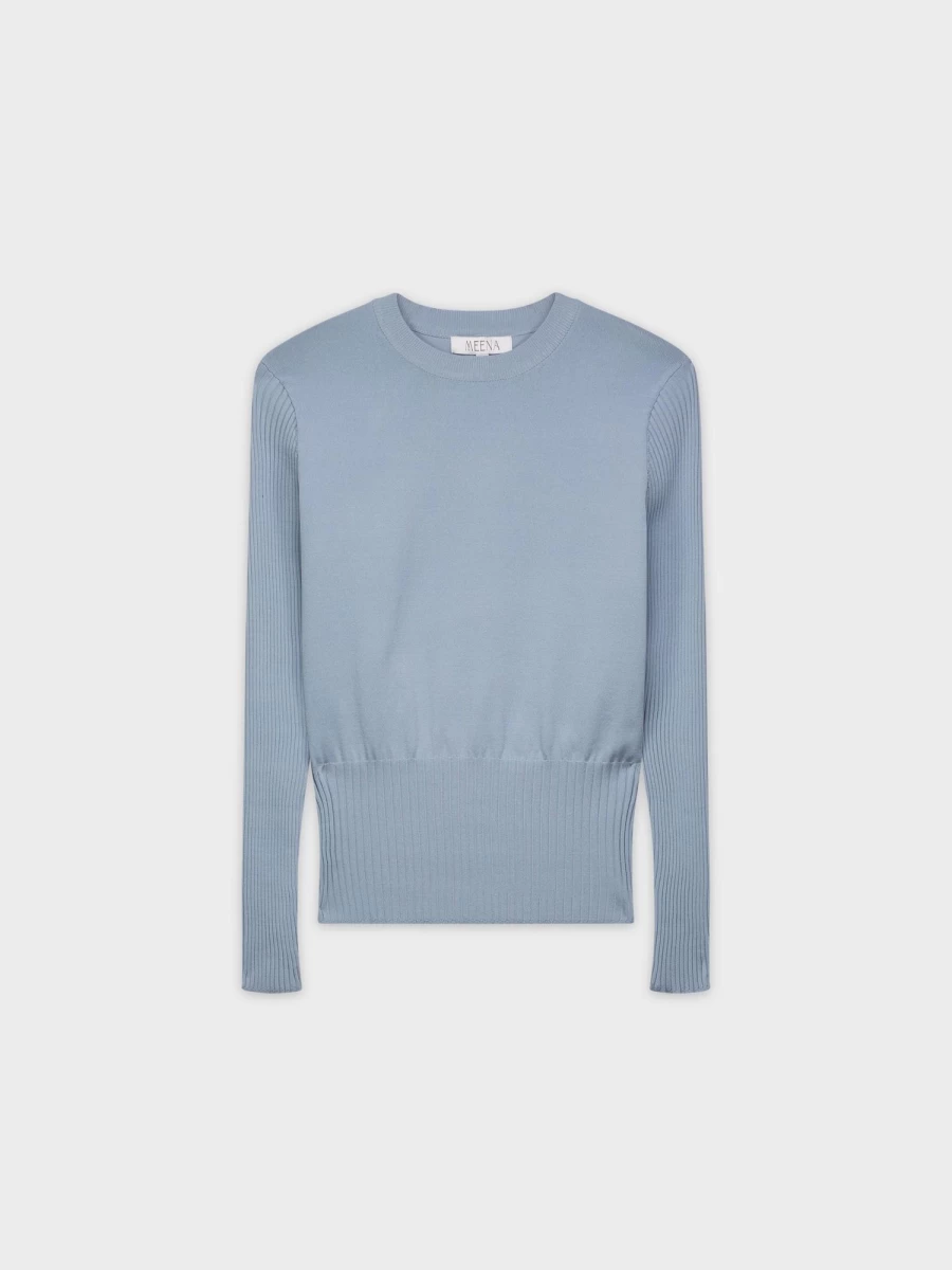 MEENA Women's Steel Blue Ribbed Waist Sweater - Slim Fit Knit Pullover