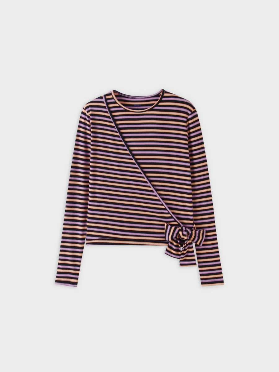 MELI Women's Striped Wrap Tee - Orange, Purple & Black Color Block V-Neck T-Shirt