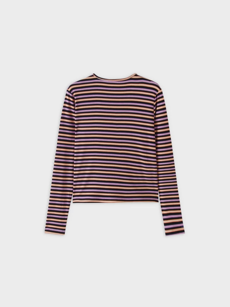MELI Women's Striped Wrap Tee - Orange, Purple & Black Color Block V-Neck T-Shirt