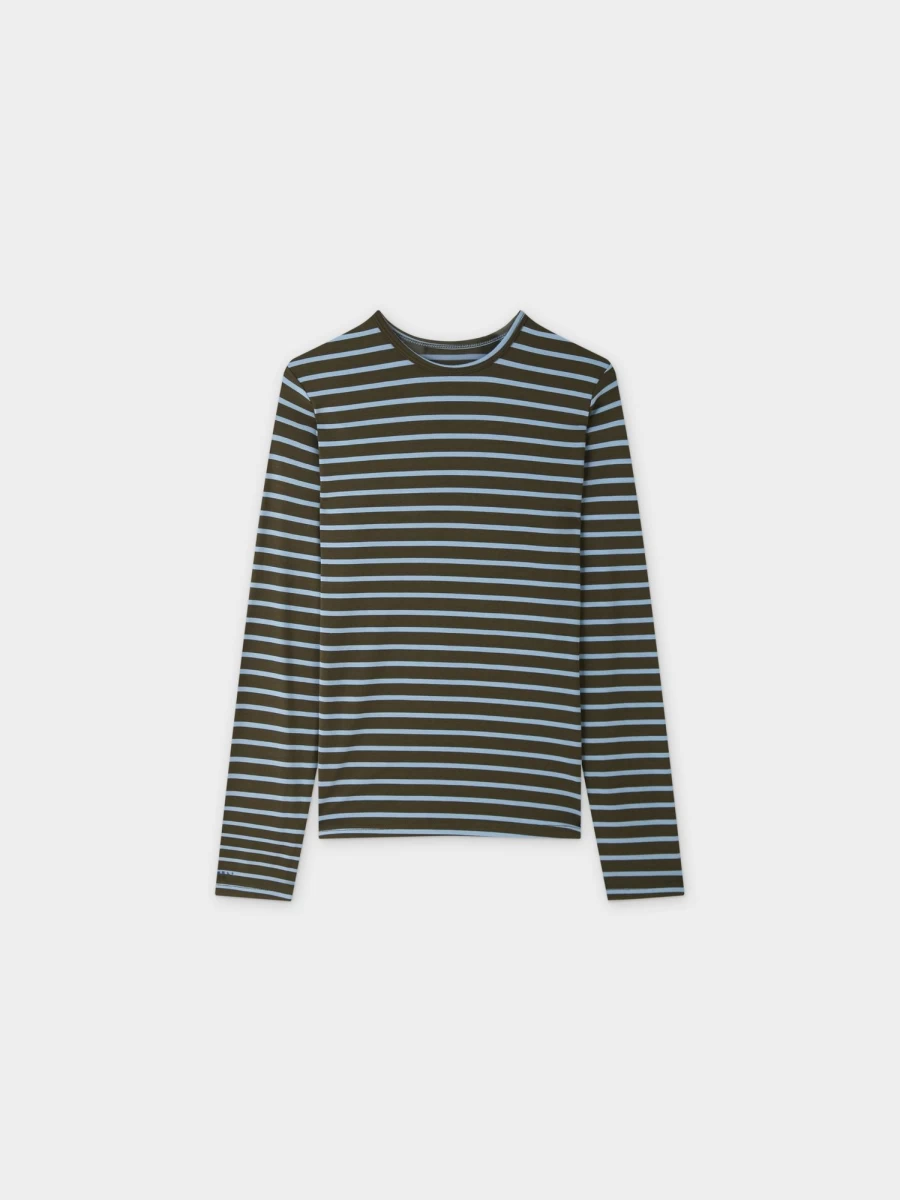 MELI Women's Butter Soft Striped Crewneck Sweater - Olive & Light Blue Comfort Fit Top