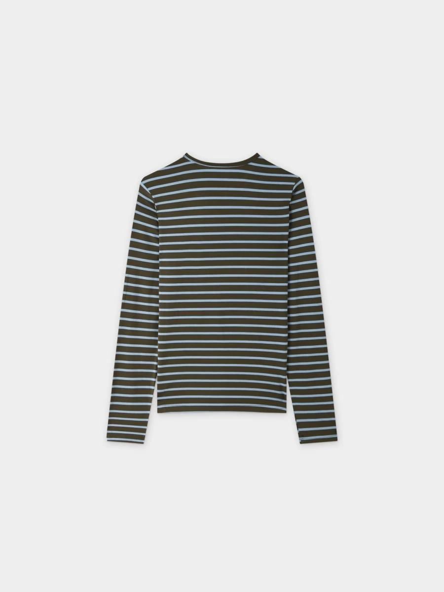 MELI Women's Butter Soft Striped Crewneck Sweater - Olive & Light Blue Comfort Fit Top