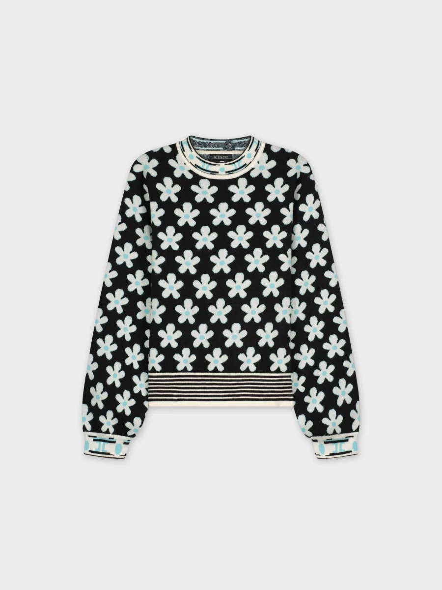 TTS Women's Black Floral Knit Sweater - Elegant Long Sleeve Pullover Top
