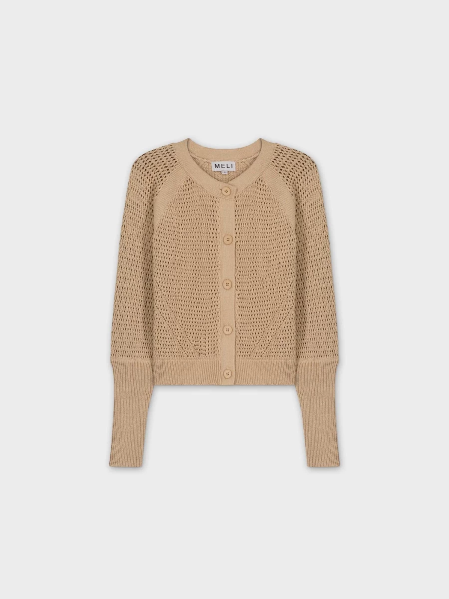 MELI Women's Tan Crochet Crew Cardigan - Handmade Knit Sweater Lightweight Open Front