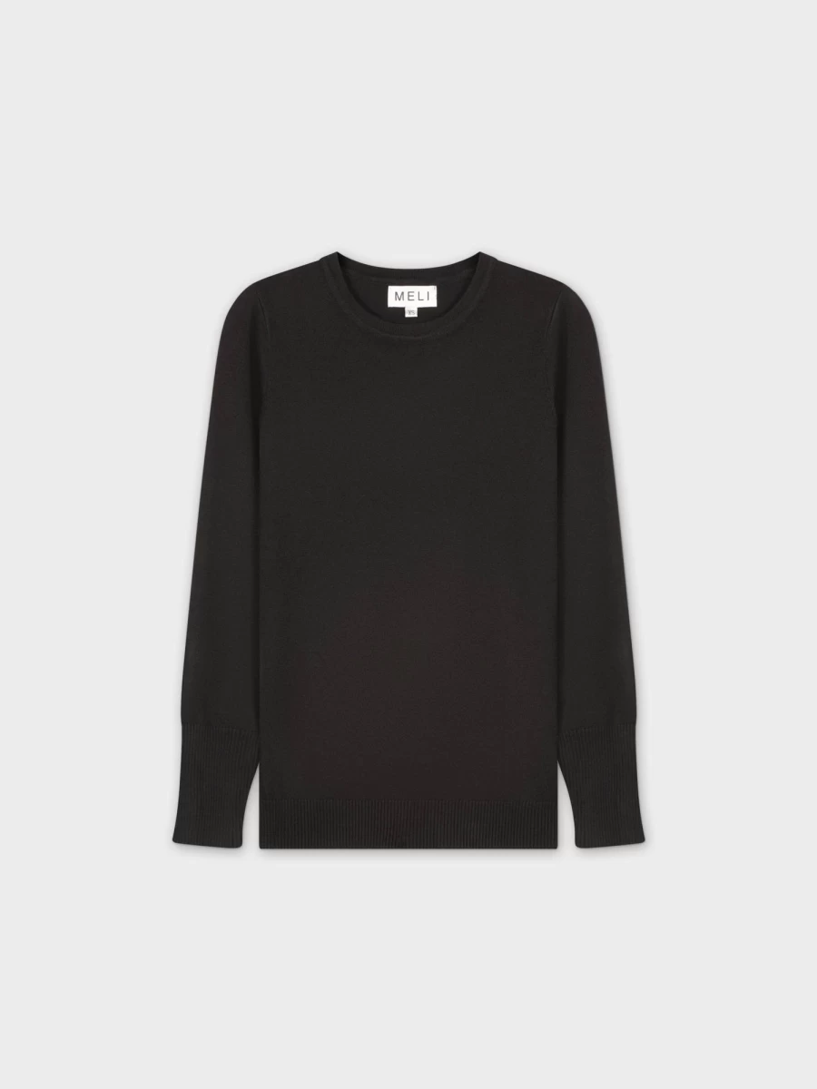 MELI Women's Basic Long Sleeve Crewneck Sweater - Classic Black Pullover for Everyday Comfort