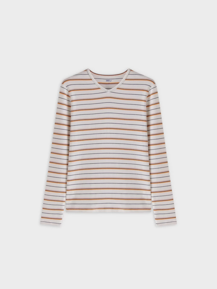 MELI Women's Thin Stripe High V-Neck T-Shirt - White, Orange, Pink Striped Casual Tee