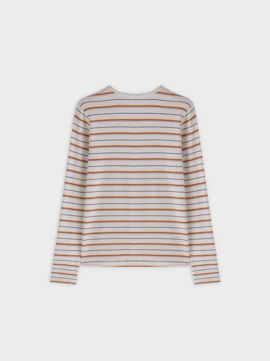 MELI Women's Thin Stripe High V-Neck T-Shirt - White, Orange, Pink Striped Casual Tee