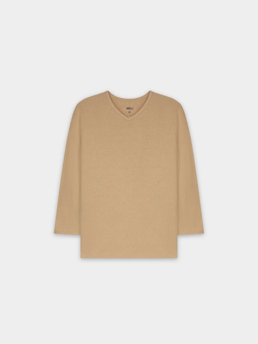 MELI Women's Ribbed High V-Neck 3Q Sleeve Top in Light Tan