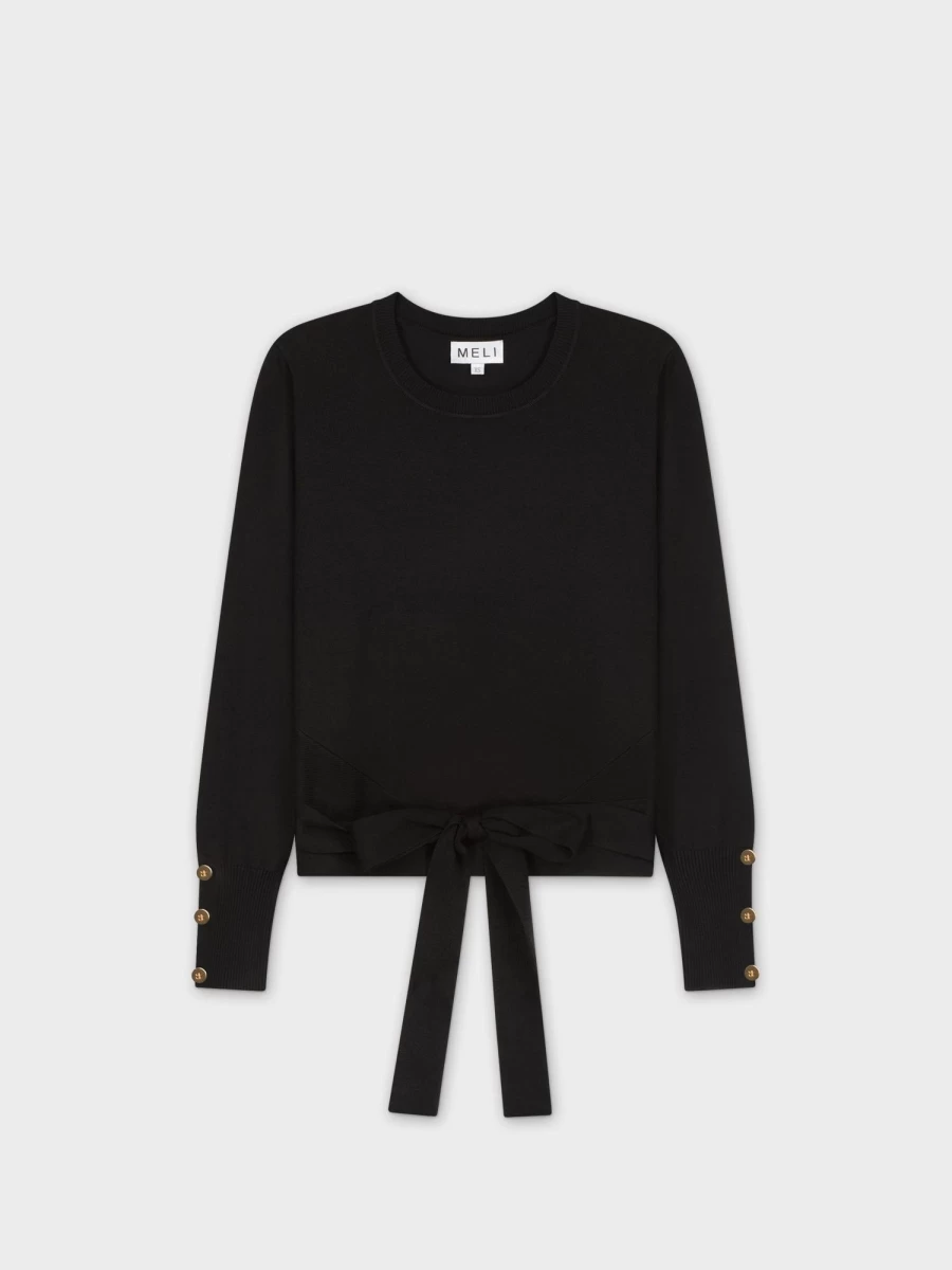 MELI Women's Black Wrap Tie Front Sweater - Elegant Knit Top for Casual Wear