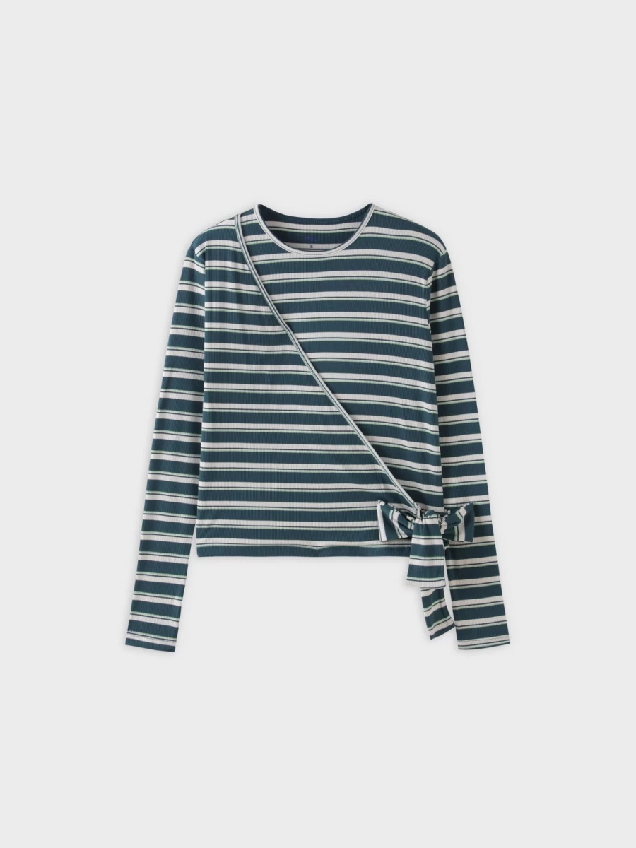 MELI Women's Striped Wrap Tee - Light Green & Green Casual T-Shirt