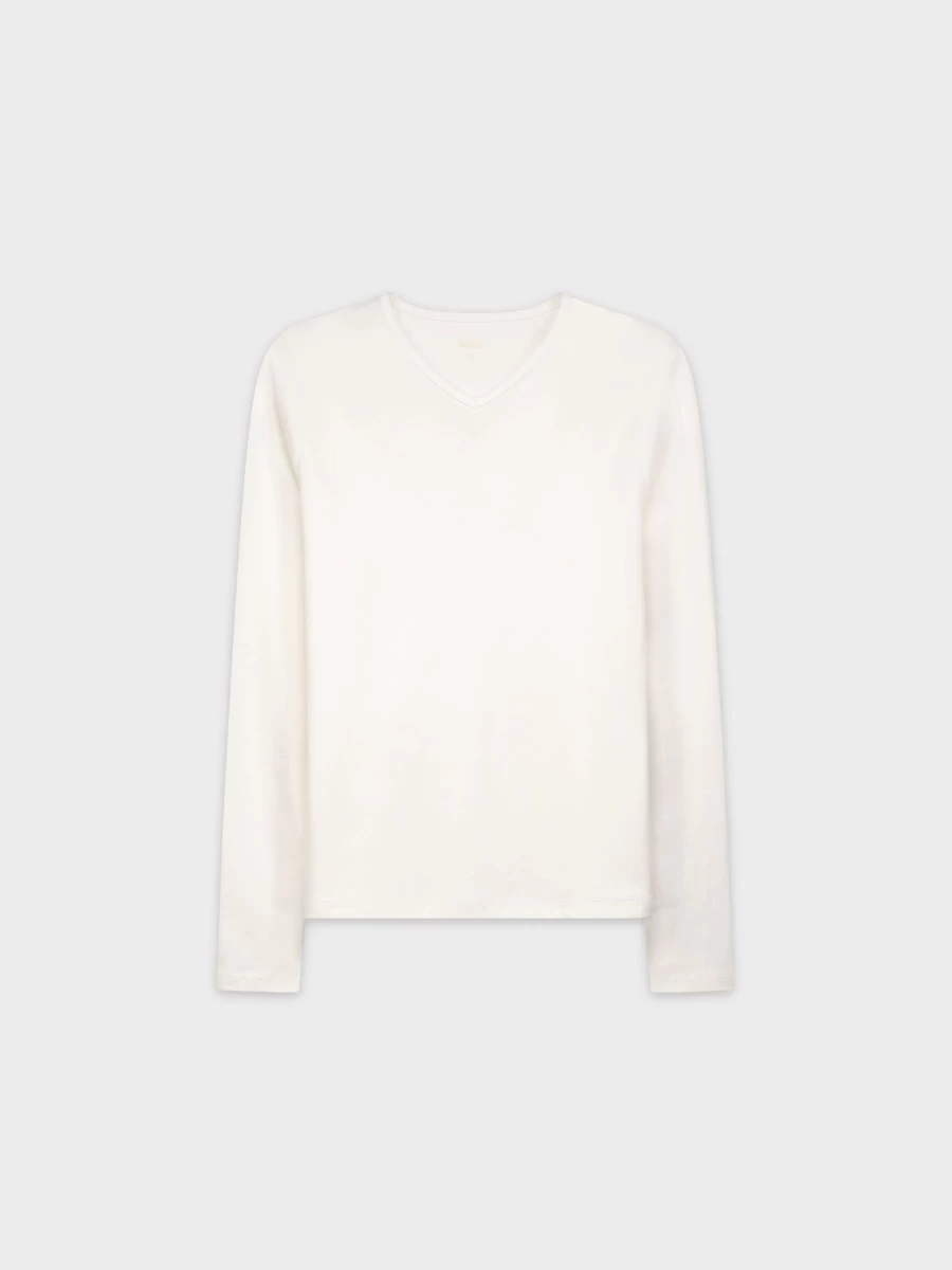 MELI Women's Basic White V-Neck Long Sleeve T-Shirt - High Quality Cotton Tee