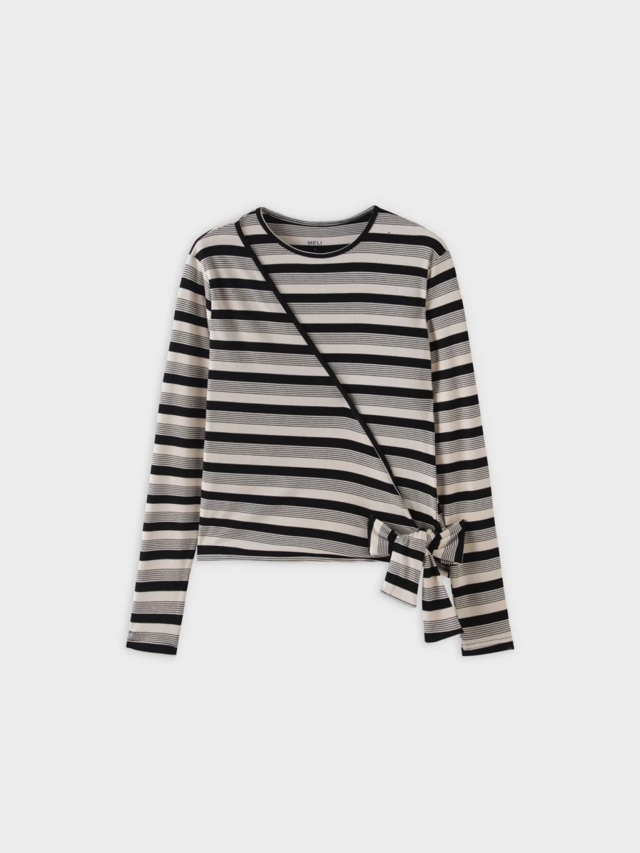 MELI Women's Striped Wrap T-Shirt - Black & White Multi Stripe Casual Tee